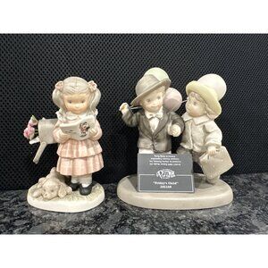Hallmark Porcelain Figurines Set Of 2 - Girl Reading Letter W/ Dog & Kids Dresse
